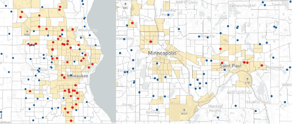 Milwaukee has private schools serving many types of neighborhoods, but the Twin Cities area has few private schools serving high-poverty charter school deserts.